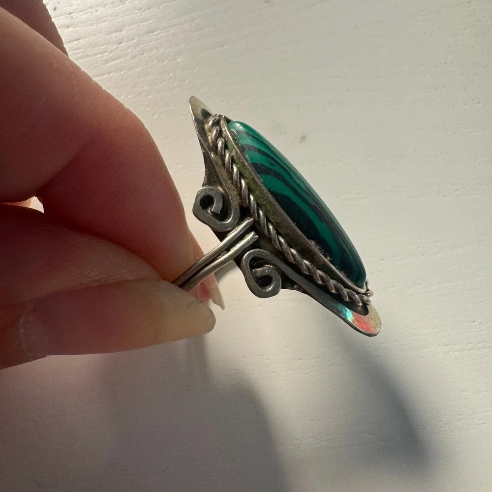 Vtg Silver Tone Malachite Style Ring Marquise Adjustable Southwestern Whimsigoth